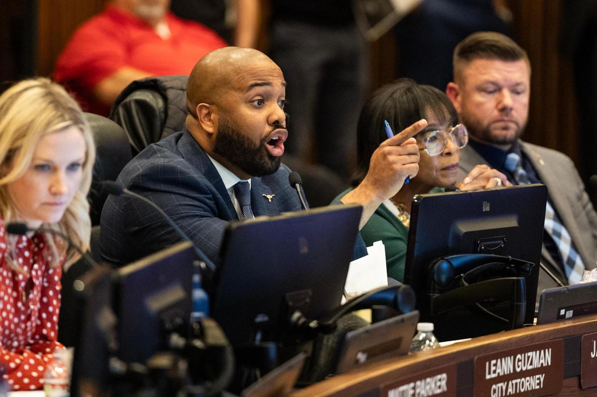 District 6 City Councilmember Jared Williams voices his disapproval in the process of hiring a new city manager during a city council meeting at City Hall in Fort Worth on Tuesday, Dec. 10., 2024.
