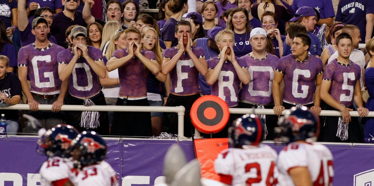 Fans spelling out “Go Frogs” boo as SMU takes the field during the TCU vs SMU College Football game at Amon Carter Stadium in Fort Worth on September 22, 2007.