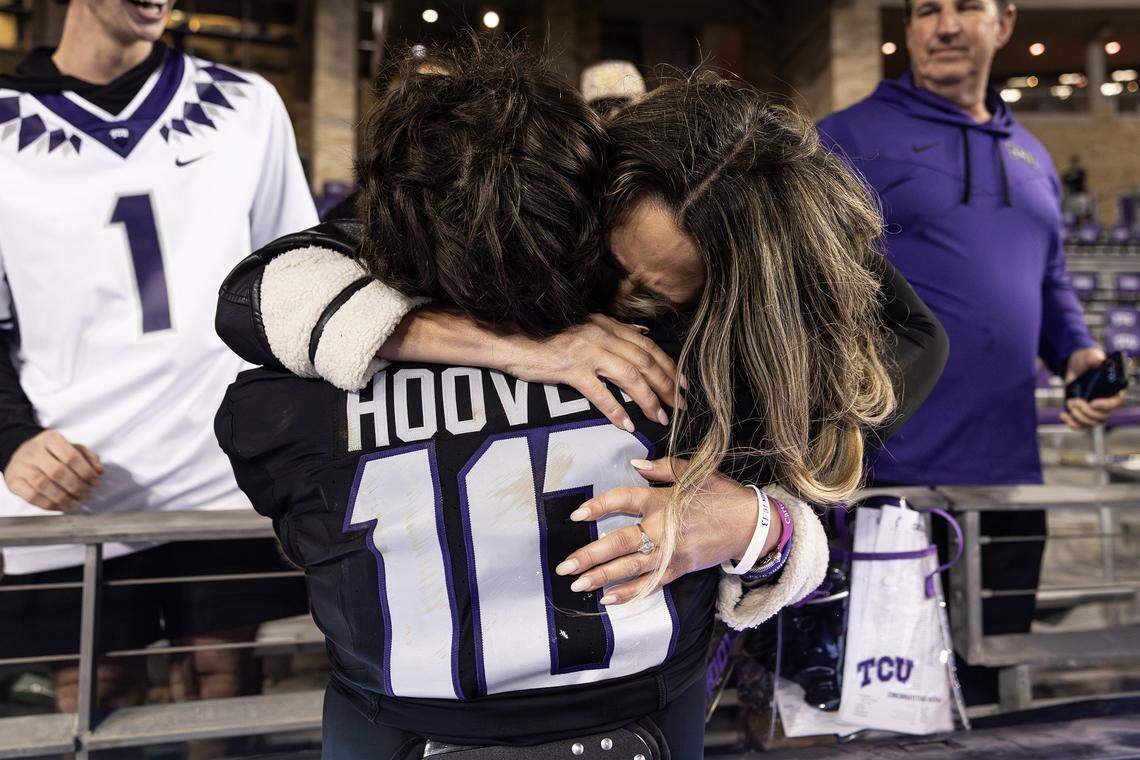 TCU quarterback Josh Hoover (10) hugs his mother Tammy after his final home game following a 45-23 Big XII conference win against the Cincinnati Bearcats at Amon G Carter Stadium in Fort Worth on Saturday, Nov. 29, 2025.