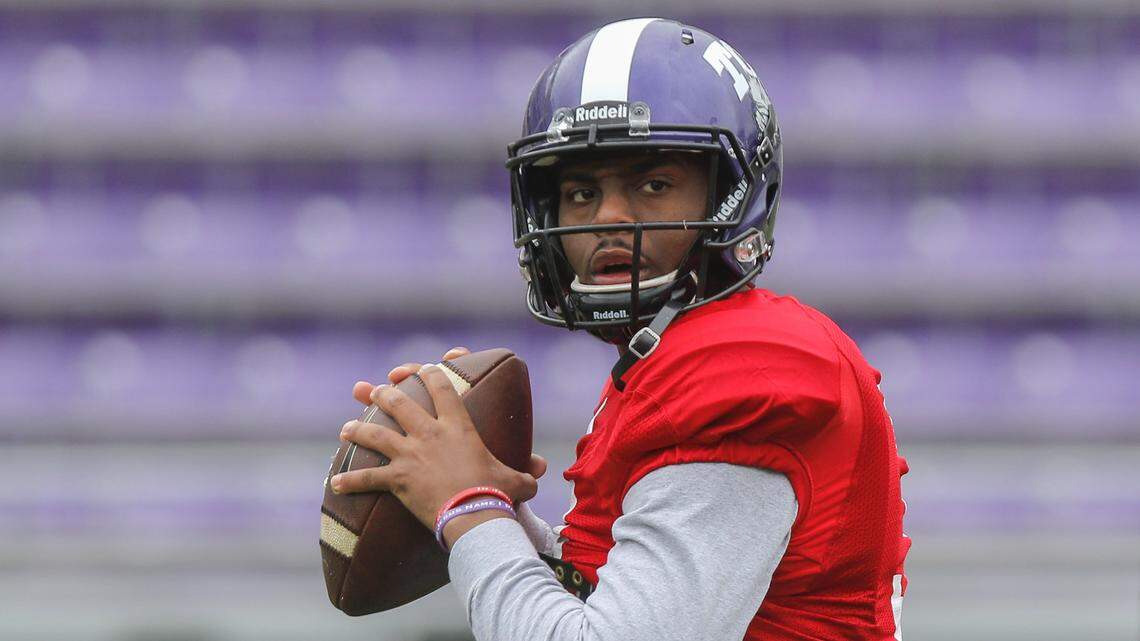 Quarterback Shawn Robinson warms up at the TCU spring football game Saturday, April 7, 2018.