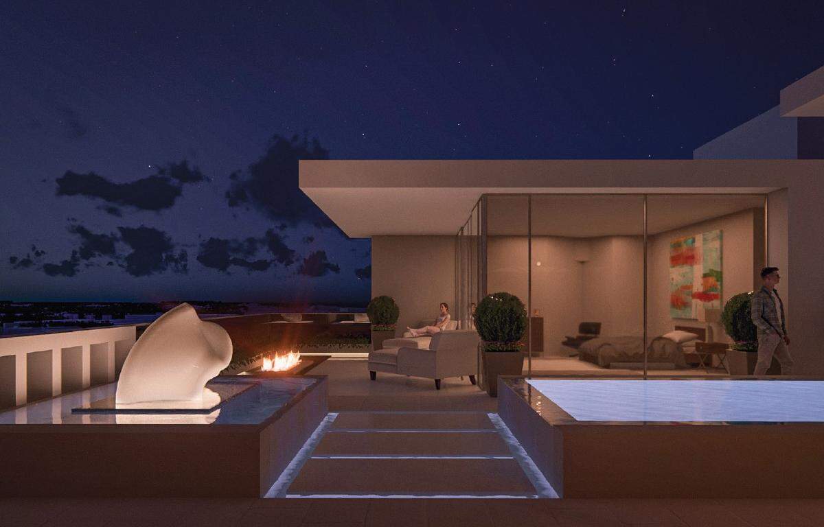 A 2024 conceptual rendering of the penthouse terrace at Pearson Grove, a 14-story condominium tower proposed along the Trinity River in Fort Worth.