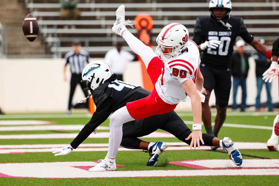 North Crowley cornerback Julius Washington (48) blocks a punt from Coppell punter Jonathan Yowell (80) during a Class 6A Division I regional playoff Saturday, Nov. 29, 2025, at Midlothian ISD Stadium in Midlothian.