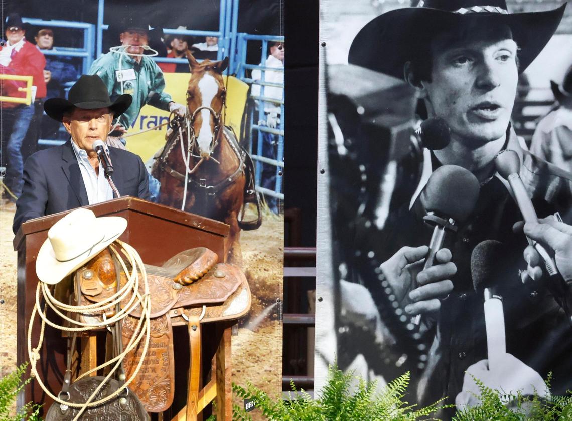 Country music star George Strait shares some experiences with mourners during a memorial service for world champion calf roper Roy Dale Cooper at Cowtown Coliseum in Fort Worth on Monday.