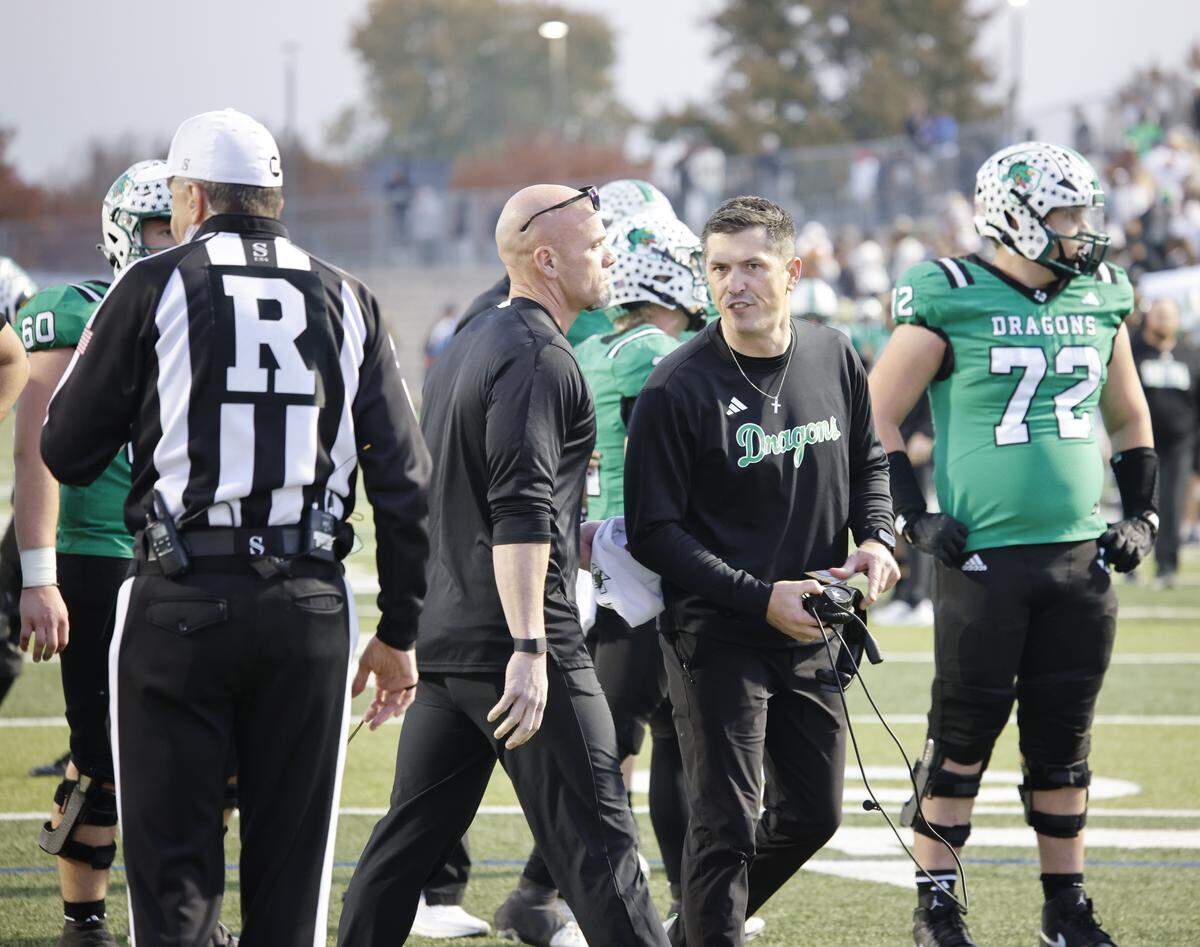 Southlake Carroll head coach Riley Dodge leaves the field after arguing a call during the second half of a Class 6A Division II state semifinal against DeSoto on Saturday at Newsom Stadium in Mansfield.