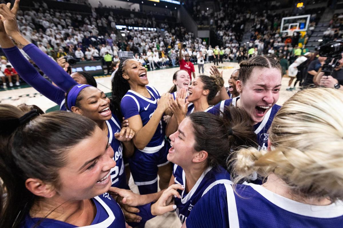 The TCU women’s basketball team celebrate after defeating Baylor 51-48 to win the Big XII conference title at Foster Pavilion in Waco on Sunday, March 2, 2025.