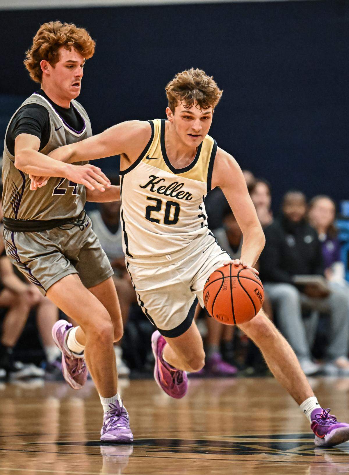Keller’s Evan Dyniewski dribbles the ball up the court against Keller Timber Creek in a District 4-6A boys basketball game on Tuesday, January 28, 2025 at Keller High School in Keller, Texas.