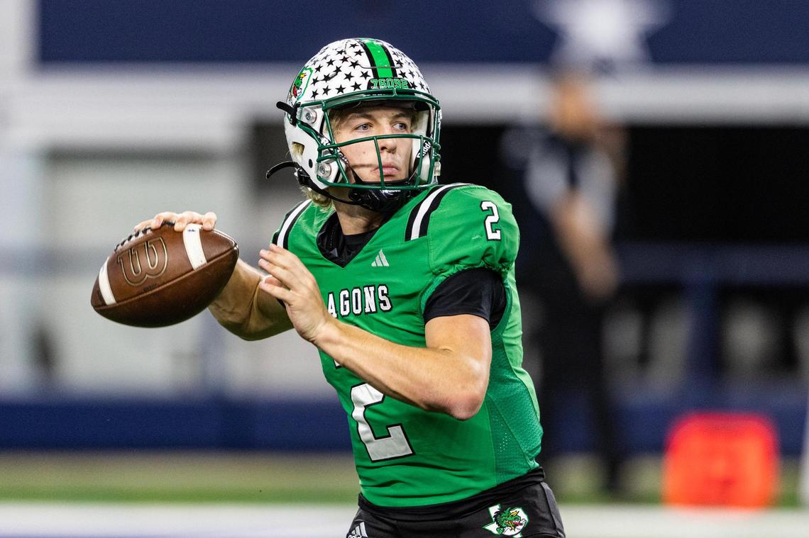Southlake quarterback Angelo Renda (2) prepares to throw a pass in the second half of the UIL 6A Division II championship game at AT&T Stadium in Arlington on Saturday, Dec. 21, 2024.