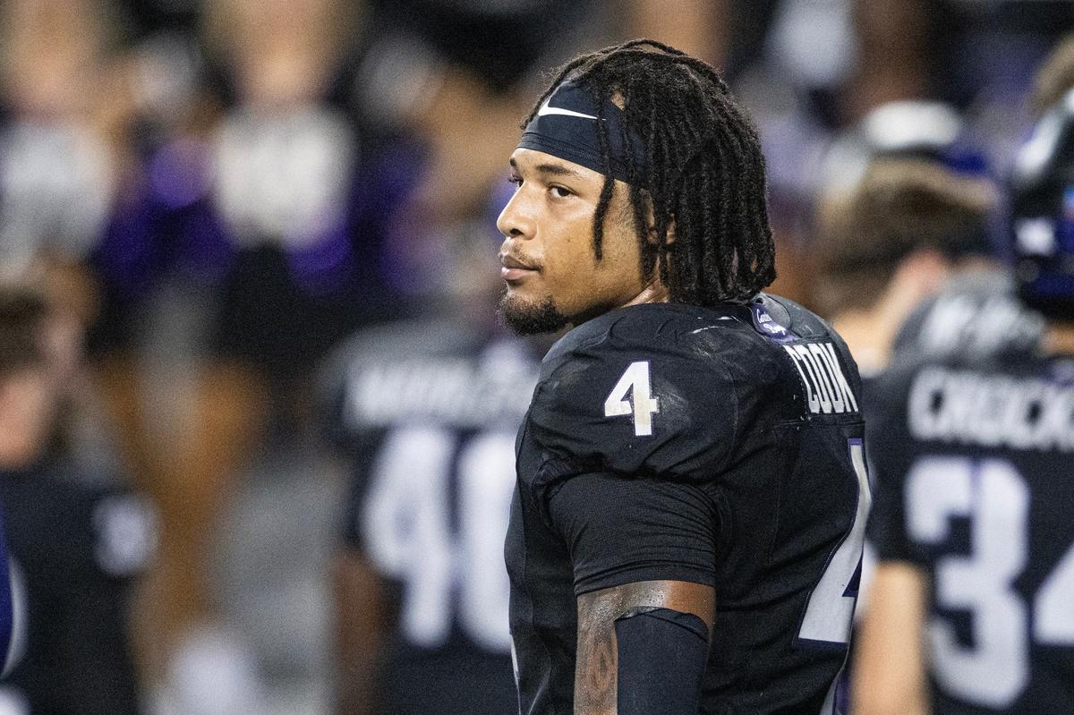 TCU running back Cam Cook (4) reacts after losing to UCF 35-34 on a missed last second field goal at the end of a BIG XII conference game between TCU and UCF at Amon G. Carter Stadium in Fort Worth on Saturday, Sept. 14, 2024.