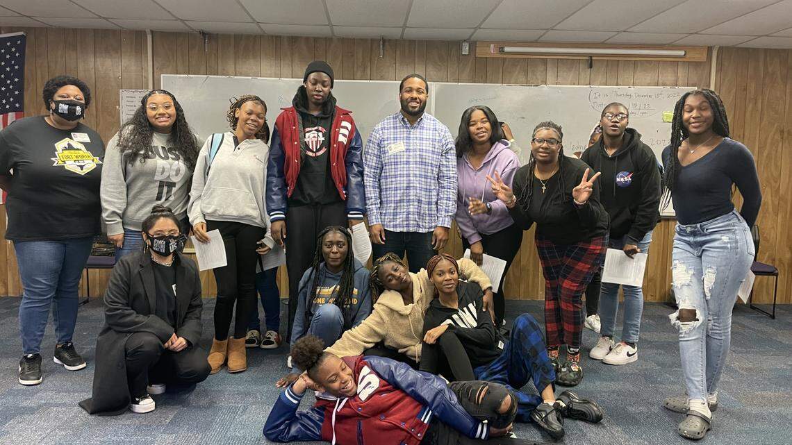Southwest High School students who are part of the My Sister’s Keeper program received a visit from City Council member Jared Williams, center standing, during one of their weekly meetings.