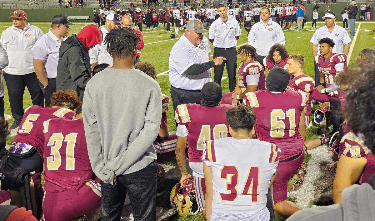 Saginaw head coach Mike Peters talks to his team after a 35-13 loss to Amarillo Tascosa in a Class 5A Division 1 area-round game on Friday, Nov. 22, 2024 at Memorial Stadium in Wichita Falls, Texas. Saginaw’s best season in school history ends at 11-1.