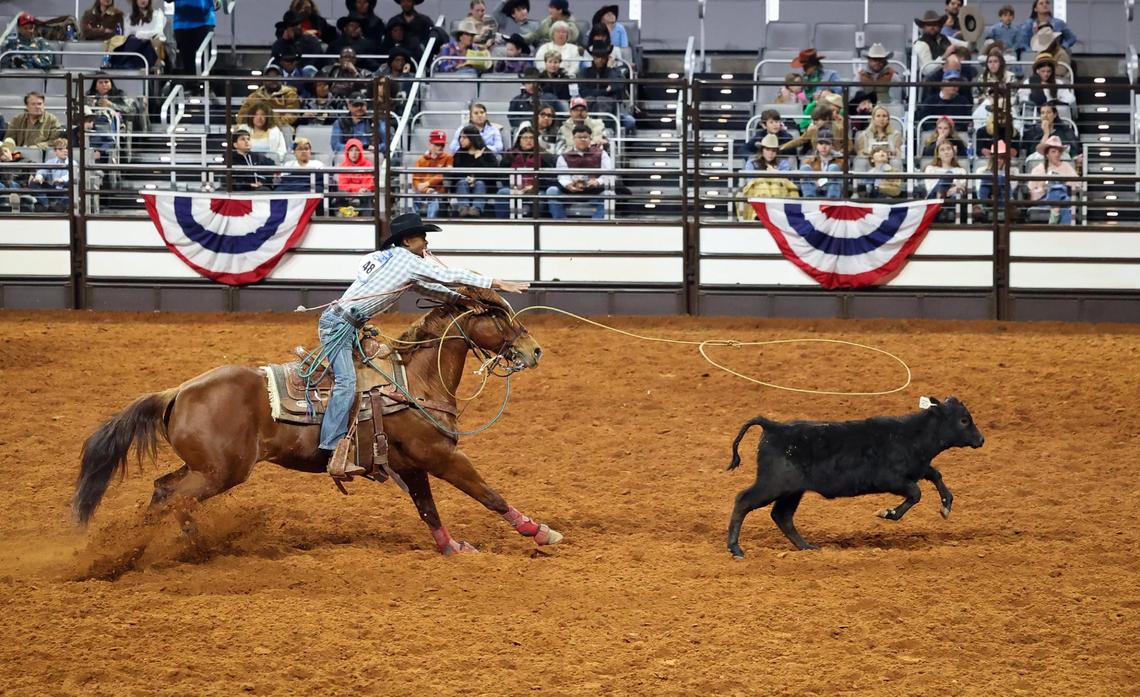 Xavier Davis of East Bernard competes in the tie-down roping event of the Cowboys Color Rodeo on Monday, Jan. 20, 2025, at the Fort Worth Stock Show & Rodeo.