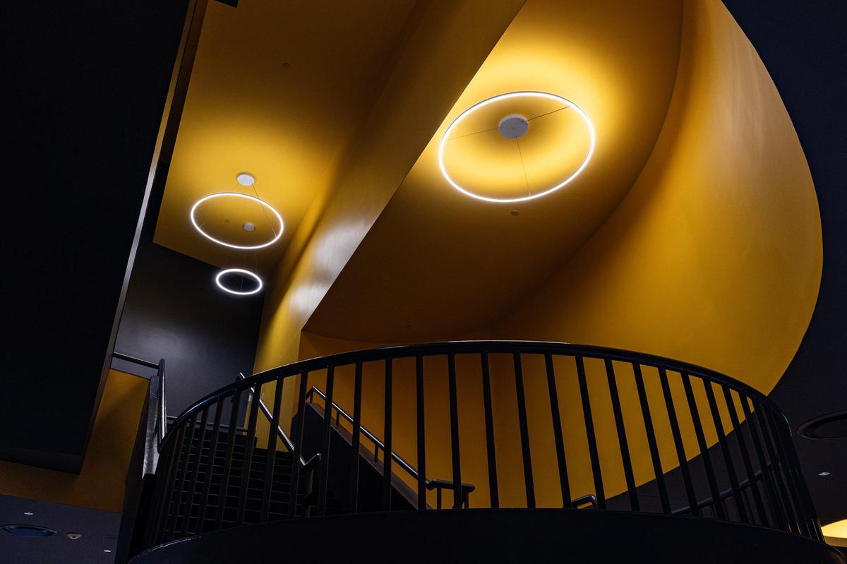 The light fixtures in the lobby area for the newly remodeled Jane & John Justin Foundation Omni Theater at the Fort Worth Museum of Science and History. With nearly 12,000 screens giving an 8K LED display, the new Omni Theater is the world’s largest LED dome display ever installed in a museum and is expected to be open at some point in November 2024.