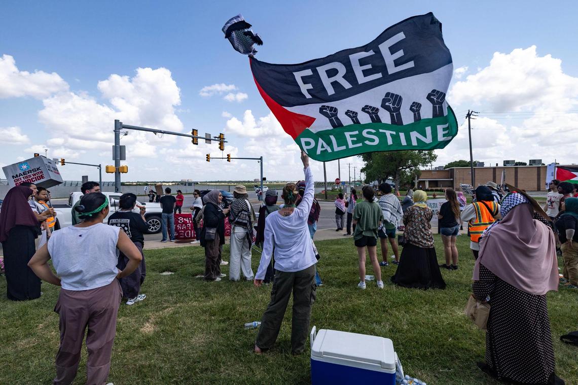 Community members protest the shipment of F-35 fighter jet wings by Israel Aerospace Industries in front of Lockheed Martin Aeronautics in Fort Worth on Thursday, June 19, 2025.