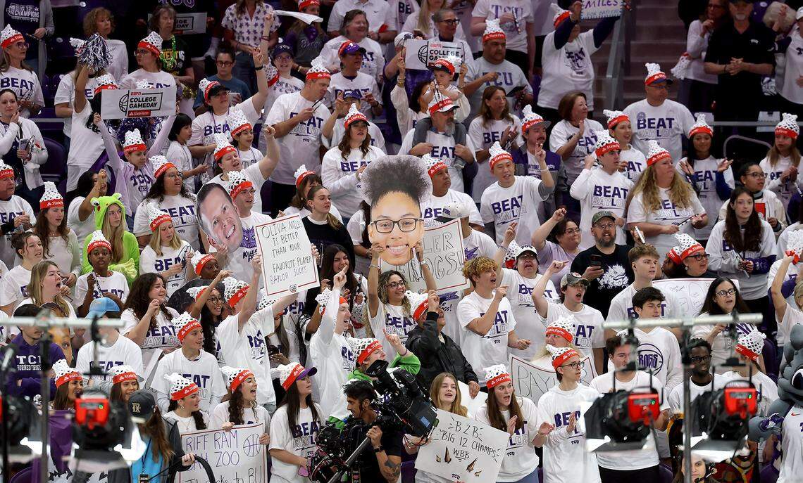 Fans cheer during the filming of ESPN College GameDay Texas Christian University's Schollmaier Arena on Sunday, March 1, 2026.