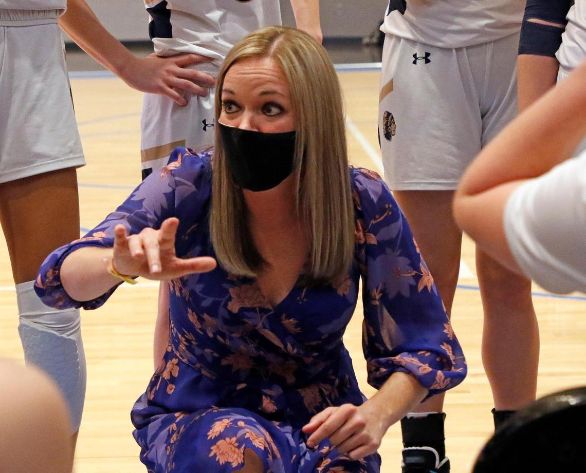 Keller head coach Kate Goldberg talks to the team during a time out in the second half of a Division 6A Region 1 quarterfinal basketball game at Arlington ISD Complex in Arlington, Texas, Thursday, Feb. 25, 2021. Keller defeated North Crowley 76-66. (Special to the Star-Telegram Bob Booth)