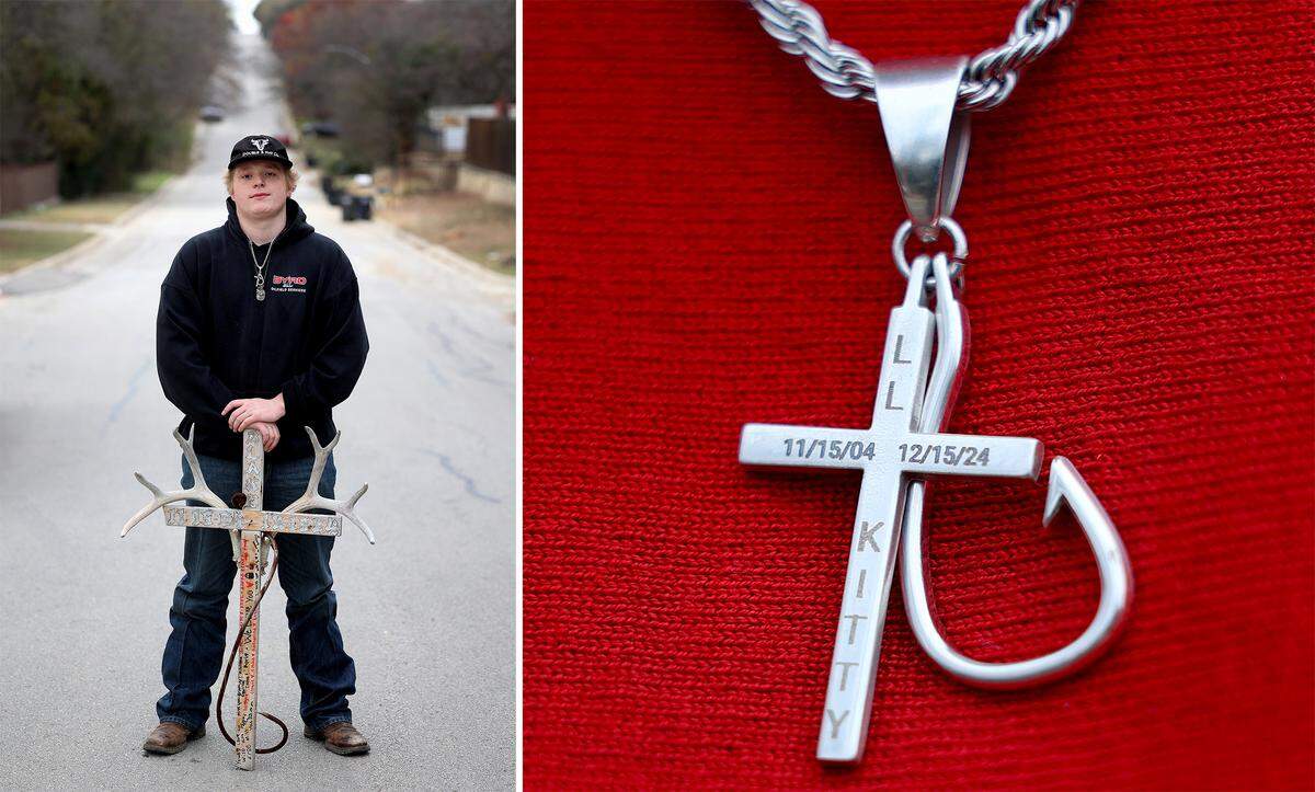 (Left) Jordan Clair holds the first cross family members placed on the side of Northwest 20th Street where his brother, Blake Bullock, was killed in 2024. (Right) Amy Spurlock wears a necklace with a cross and fish hook to remember her son, Blake Bullock.