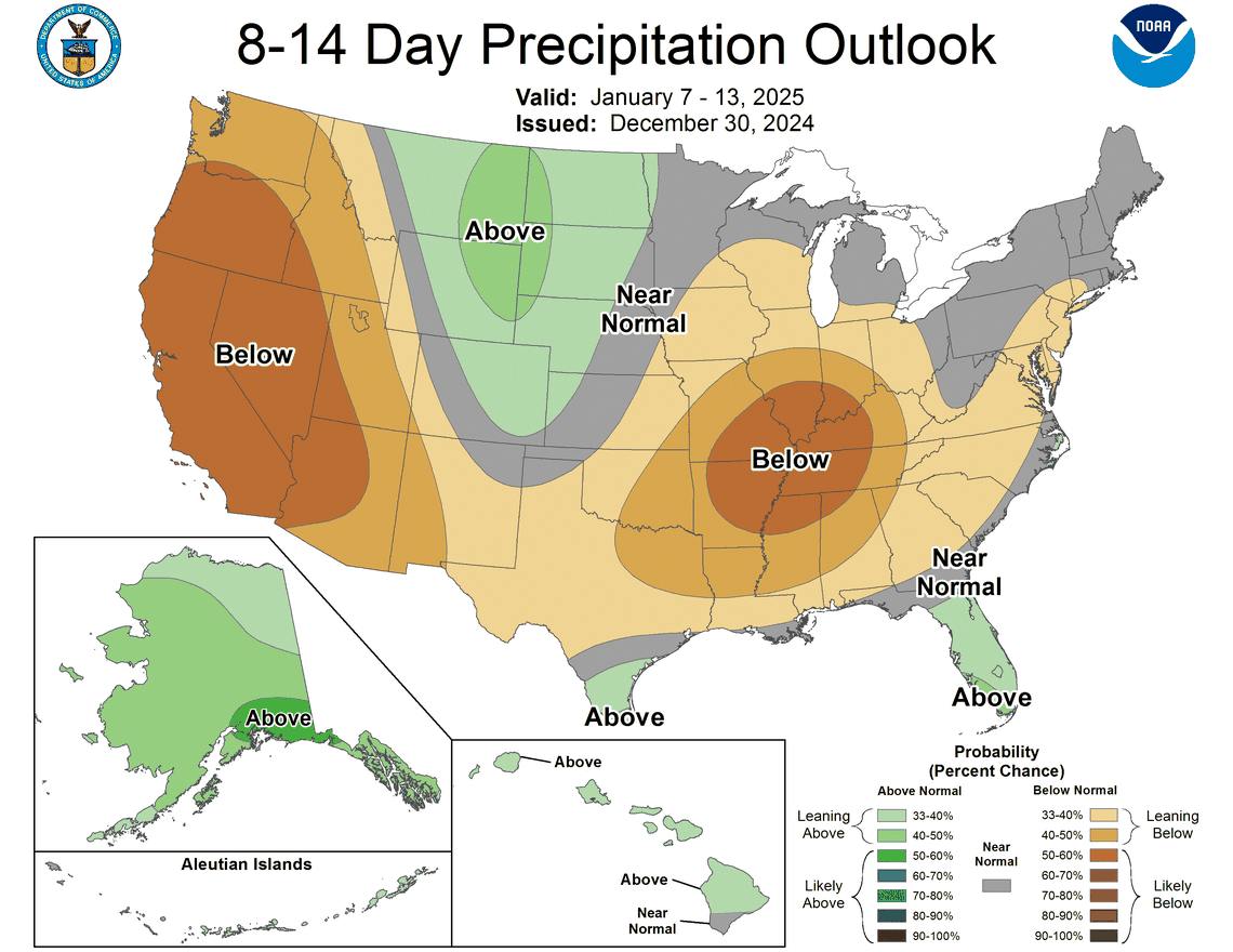 The 8-14 day precipitation outlook from the Climate Prediction Center, which is valid from Jan. 7-13, 2025.