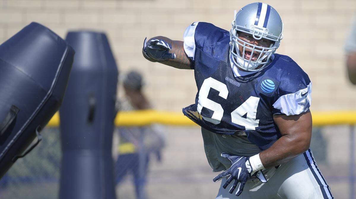 Cowboys defensive tackle Antwaun Woods taking on the blocking dummies during afternoon practice at training camp in Oxnard, CA, Tuesday, July 31, 2018.