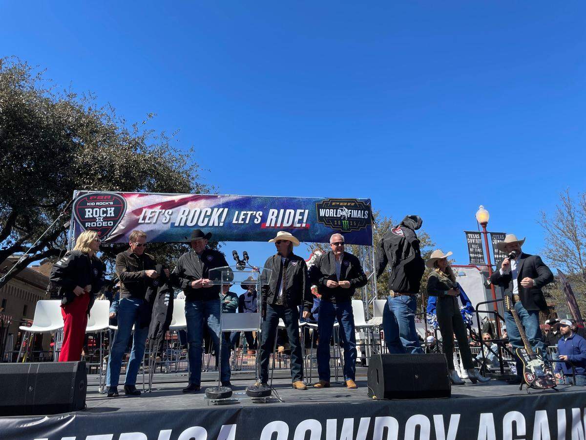 Kid Rock, Fort Worth Mayor Mattie Parker and more try on custom jackets at a PBR event in the Fort Worth Stockyards on Wednesday, March 5, 2025.