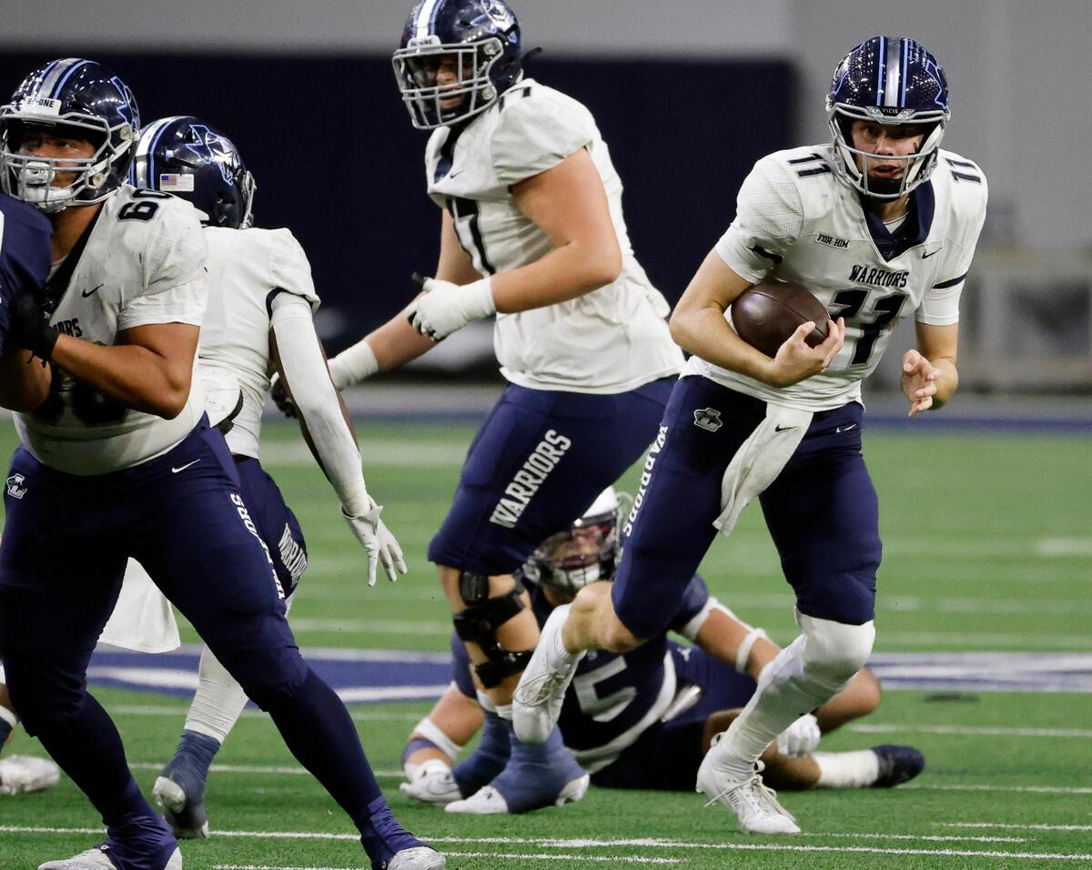 Liberty Christian quarterback Cole Welliver (11) scrambles out of the backfield in the first half of a TAPPS Region 2 semi-final football playoff game at The Ford Center in Frisco, Texas, Saturday, Oct. 25, 2023.