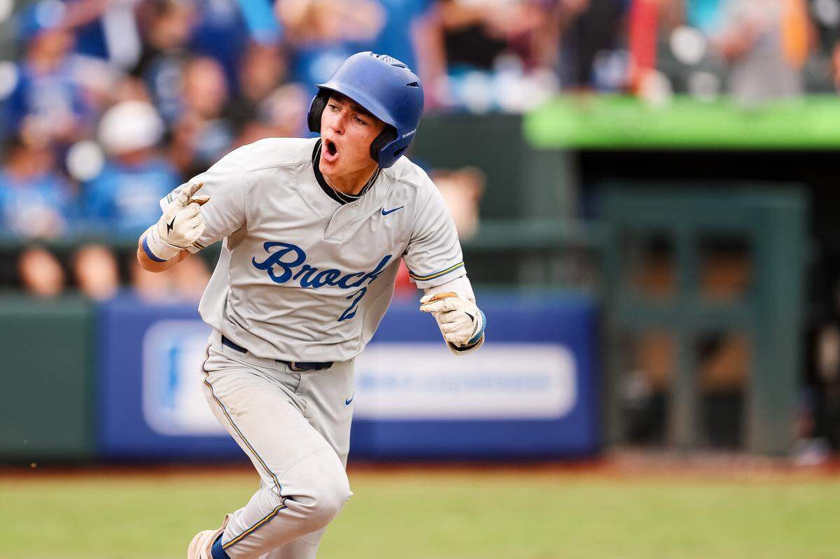 Brock’s Hunter Martin reacts after getting a hit against Robinson in the UIL Class 4A Division II baseball state championship game on Friday, June 5, 2026, at Dell Diamond in Round Rock, Texas.