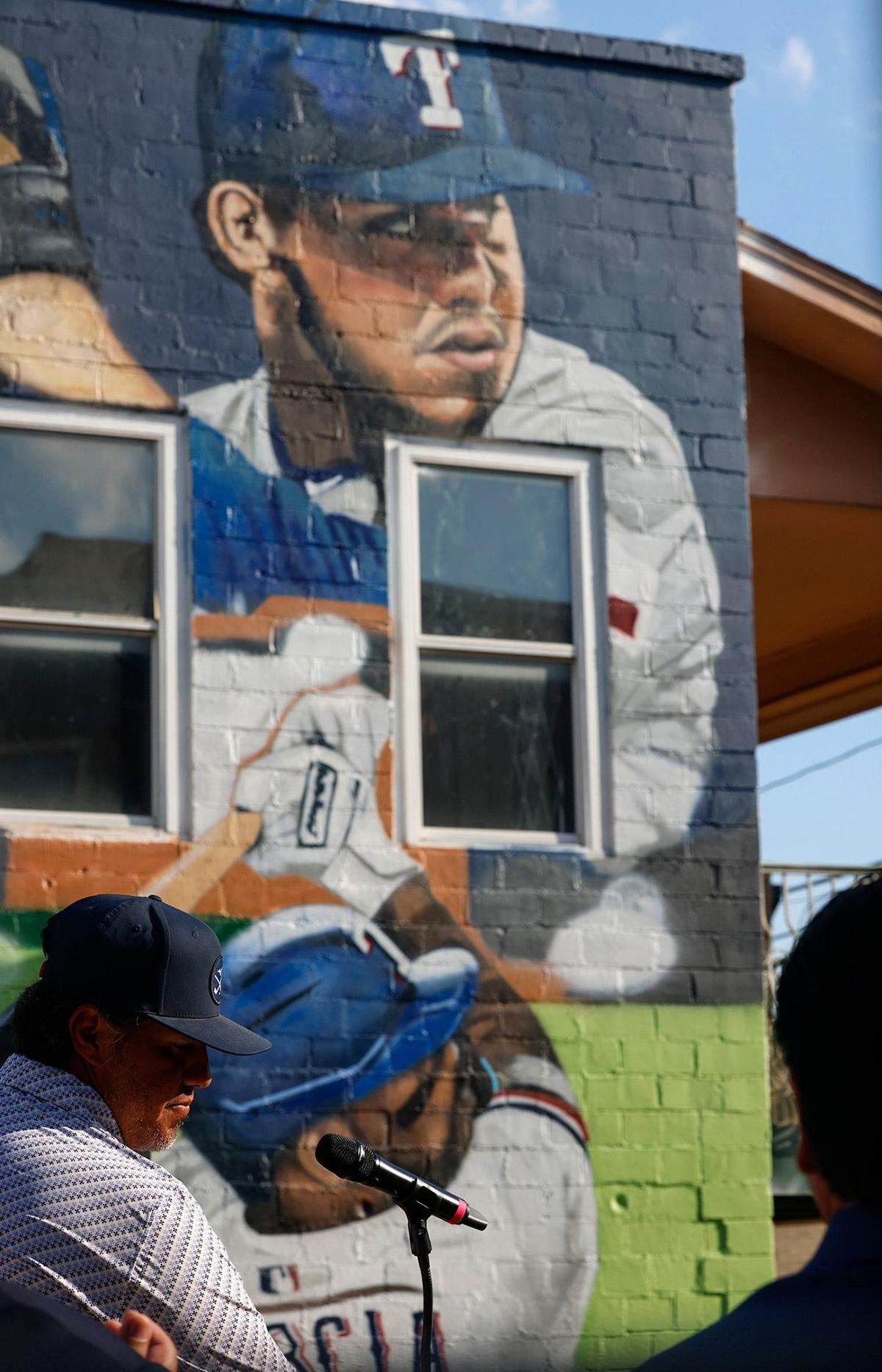 Yovani Gallardo, a former Texas Rangers pitcher, speaks during an event to unveil a mural to celebrate MLB All-Star Week on Wednesday, July 10, 2024, in Fort Worth. Gallardo is depicted on the mural, which celebrates the Latino community.