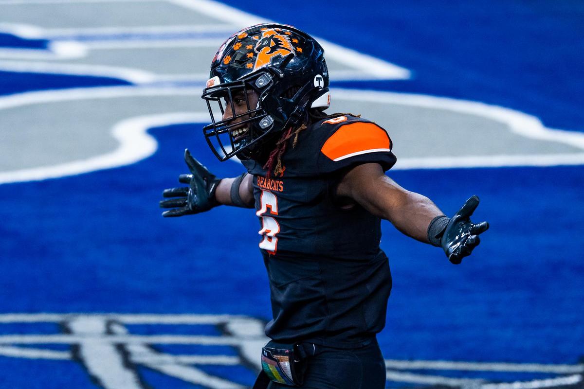 DeMarco Roberts (6) celebrates after his 6th rushing touchdown of the game during the 2nd half of the 5A Division 2 state championship at AT&T Stadium in Arlington between Aledo and Crosby on January 15th, 2020. Photo by Matt Smith (Special to the Star-Telegram).