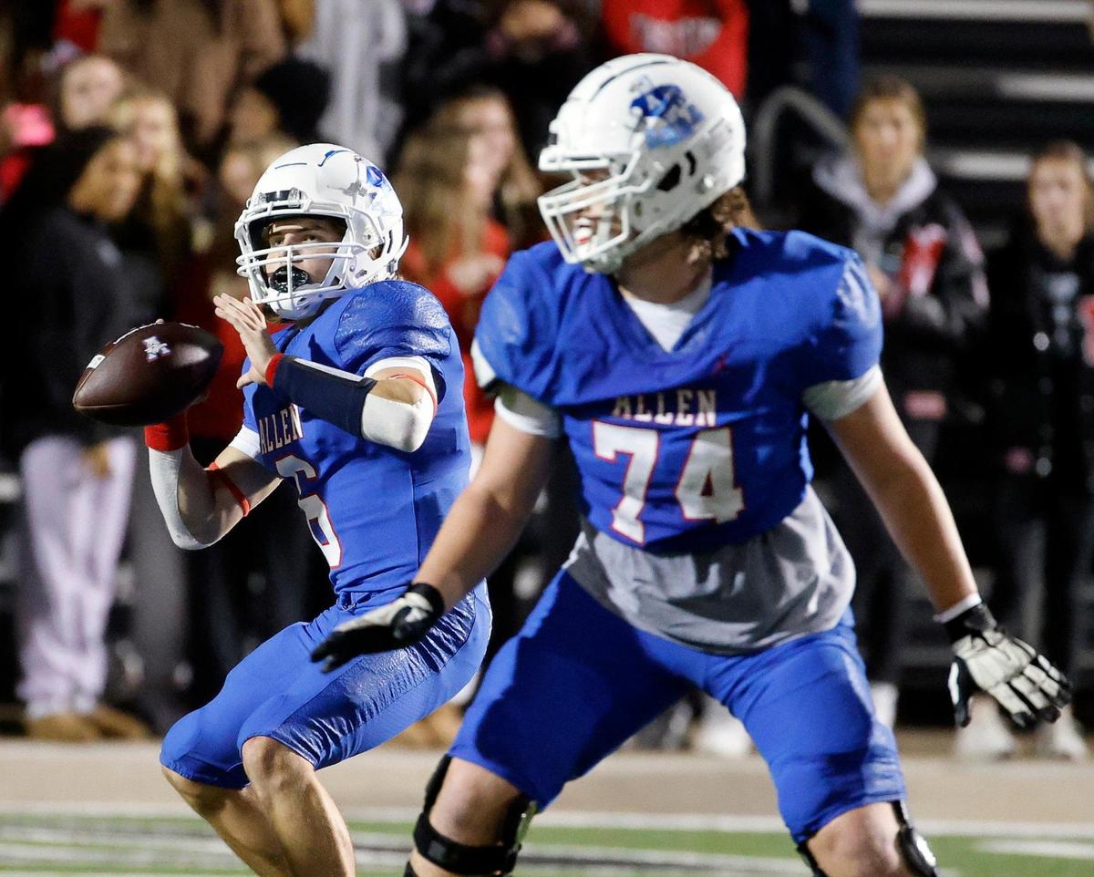 Allen quarterback Dylan Chapman (6) goes long in the first half of a UIL Conference 6A Division 1 area round football playoff game at Dragon Stadium in Southlake Texas, Friday, Nov. 17, 2023.