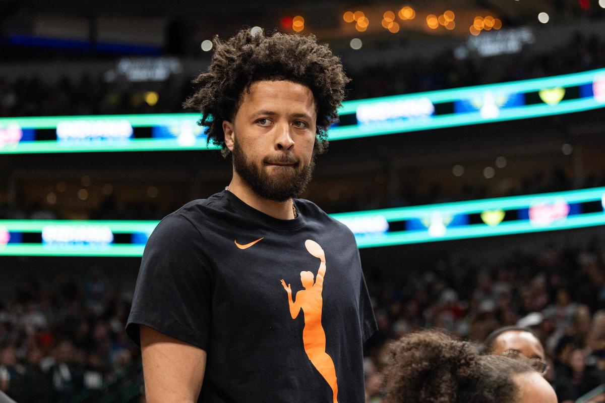 Detroit Pistons forward Cade Cunningham arrives for a WNBA game between the Dallas Wings and Indiana Fever at the American Airlines Center in Dallas on Friday, June 27, 2025.