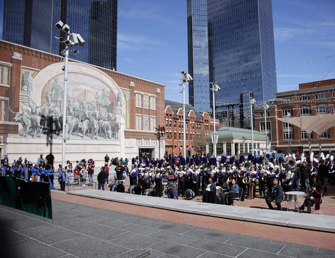Sundance Square filled up with school marching bands from all over Fort Worth during the 2024 MLK parade in downtown Fort Worth, Texas, Monday, Feb. 19, 2024. The original parade was rescheduled due to inclement weather. (Special to the Star-Telegram Bob Booth)