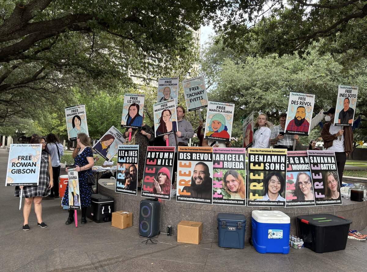Friends and family members hold signs for each defendant in the Prairieland Detention Center trial. On June 23, 2026, eight defendants were given the maximum sentence in the case. The only exception was Ines Soto, whose sentencing will be on July 1.