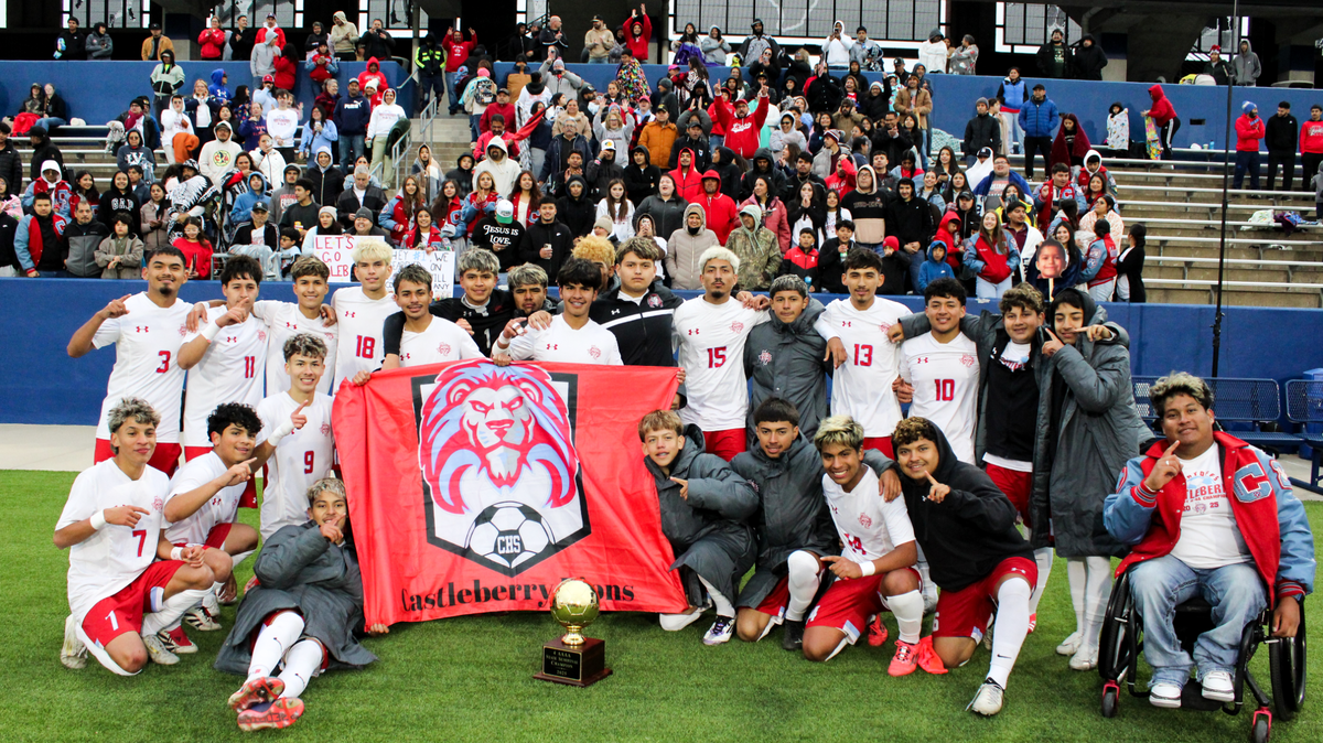 The River Oaks Castleberry boys soccer team poses after defeating Nevada Community in a Class 4A Division 1 state semifinal on Saturday, April 5, 2025 at McKinney ISD Stadium in McKinney, Texas. Castleberry defeated Community 2-0.