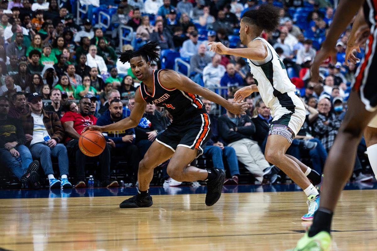 Lancaster’s Dillon Battie tries to drive to the basket against Killeen Ellison in the Class 5A state championship game on Saturday, March 9, 2024 at the Alamodome in San Antonio, Texas. Lancaster defeated Ellison 59-30.