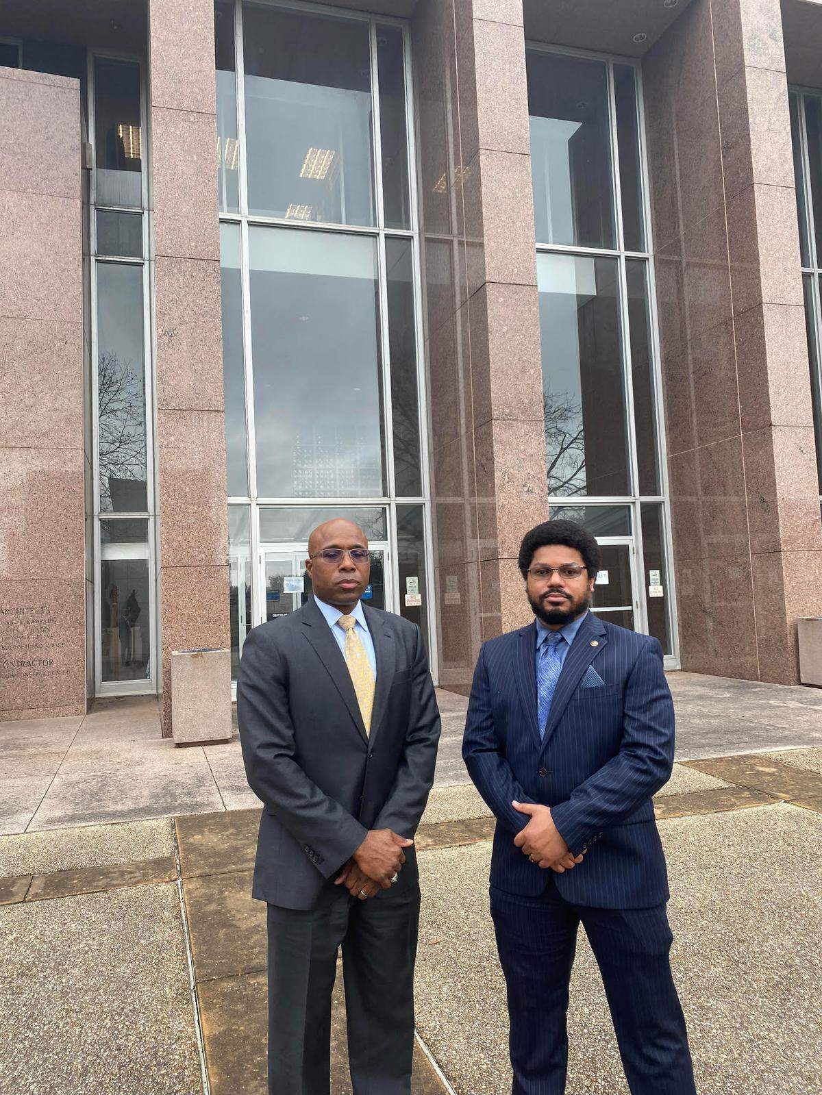Capt. Abdul Pridgen (left), a former assistant chief, and Capt. Vance Keyes, a former deputy chief, stand outside the Texas Supreme Court in Austin earlier this year. The Fort Worth officers were demoted after an investigation into a leaked video and information about the arrest of Jacqueline Craig and her daughter in Fort Worth in 2016. The men filed a suit after their demotion, saying the city violated the Whistleblower Act by retaliating against them for reporting information about the arrest investigation to former Police Chief Joel Fitzgerald.