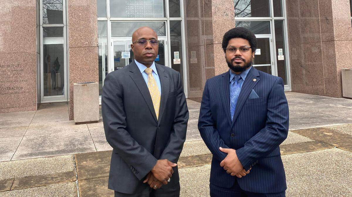 Capt. Abdul Pridgen (left), a former assistant chief, and Capt. Vance Keyes, a former deputy chief, stand outside the Texas Supreme Court in Austin on Tuesday. The Fort Worth officers were demoted after an investigation into a leaked video and information about the arrest of Jacqueline Craig and her daughter in Fort Worth in 2016. The men filed a suit after their demotion, saying the city violated the Whistleblower Act by retaliating against them for reporting information about the arrest investigation to former Police Chief Joel Fitzgerald.
