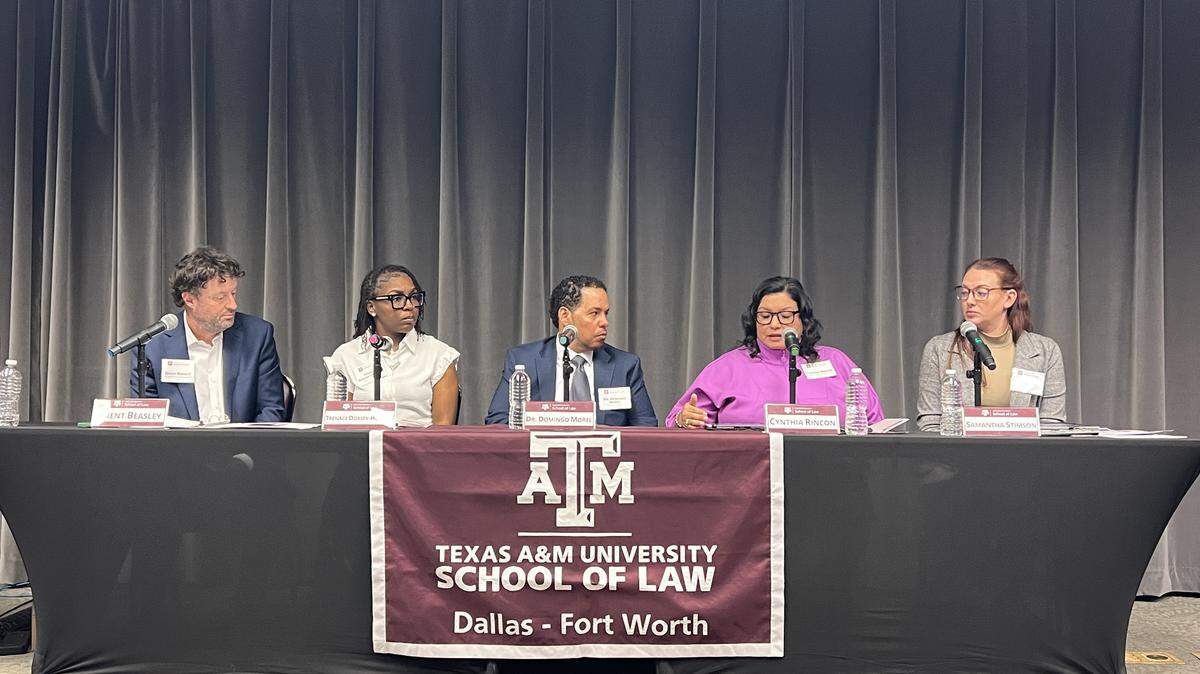 From left to right, Brent Beasley of the Fort Worth Education Partnership; Trenace Dorsey-Hollins of Parent Shield Fort Worth; Domingo Morel, associate professor of political science at New York University; Cynthia Rincon, education attorney and partner at O’Hanlon, Demerath & Castillo; and Samantha Stimson, teacher and English Department chair at O.D. Wyatt High School in Fort Worth ISD speak about the state takeover of Fort Worth ISD during a panel event at Texas A&M University School of Law in downtown Fort Worth on Wednesday, March 18, 2026.