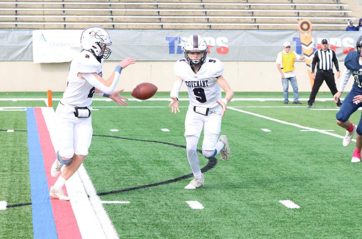 Fort Worth Covenant Classical’s Noah Keyes (9) pitches to Malachi Brown (2) against Huntsville Alpha Omega in the TAPPS Six-Man Division II Championship game on Thursday, Dec. 5, 2024 at Waco ISD Stadium in Waco, Texas.