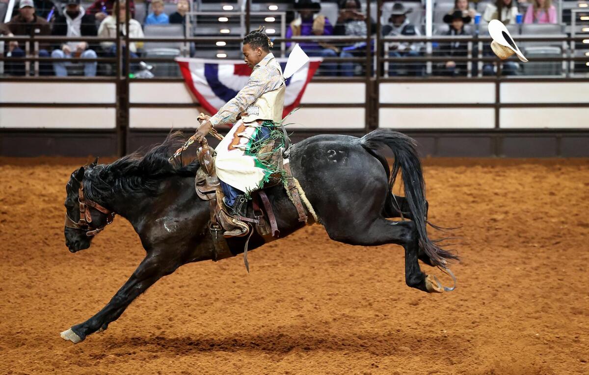Kedarrius Flanagan of Hutchins competes in the ranch bronc riding event of the Cowboys Color Rodeo on Monday, Jan. 20, 2025, at the Fort Worth Stock Show & Rodeo.