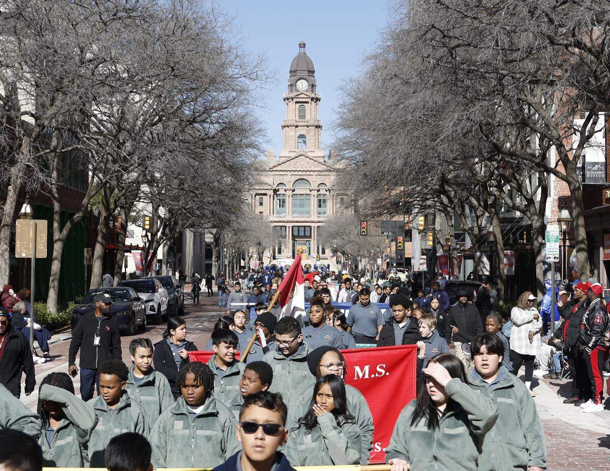 The streets filled with bands, fraternities and sororities in the parade during the 2026 Martin Luther King day celebration in Fort Worth, Texas, Monday Jan. 19, 2026