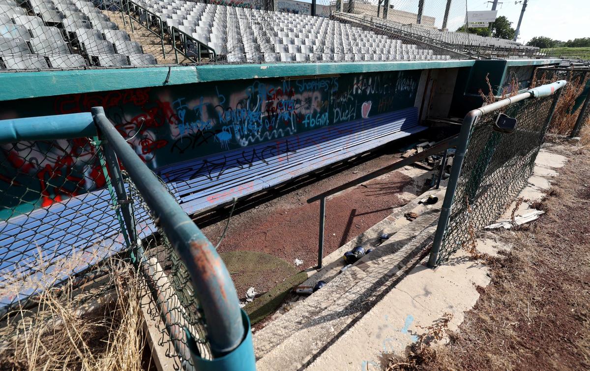 A dugout at LaGrave Field on Wednesday, June 26, 2024, in Fort Worth. The field has been vandalized over the years since being abandoned in 2014. The Tarrant Regional Water District board voted 5-0 to demolish the stadium, but said the dugouts should be preserved.