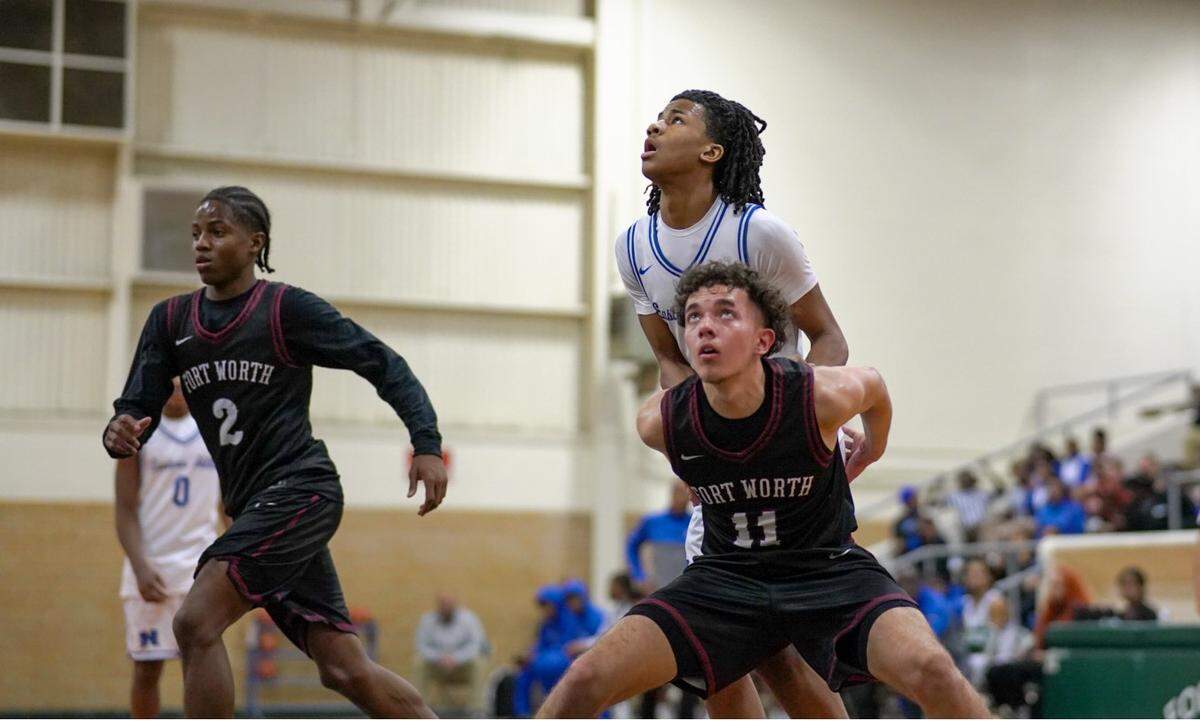 Fort Worth Southwest’s Sage Gonzalez blocks out on a shot against Fort Worth Eastern Hills in a boys District 8-4A contest on Tuesday, January 14, 2025 at Billingsley Field House in Fort Worth, Texas.