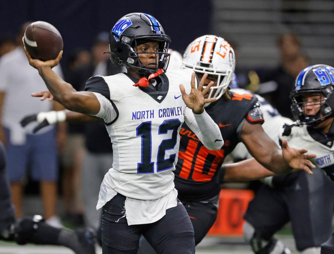 Lancaster defensive tackle Jakobe Williams (40) closes in on North Crowley quarterback Chris Jimerson (12) during a UIL football game at The Star in Frisco Texas, Saturday, Oct. 31, 2024.