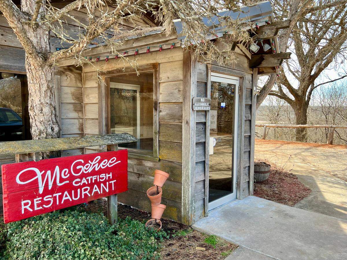 The rustic McGehee Catfish Restaurant is on the banks of the Red River across the Oklahoma state line.