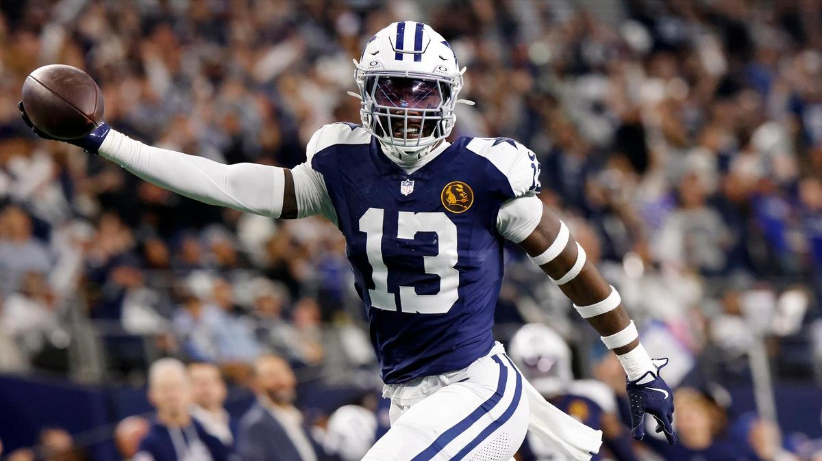 Dallas Cowboys linebacker DeMarvion Overshown celebrates while running into the end zone for a touchdown after recovering the ball against the New York Giants on Thursday, Nov. 28, 2024, at AT&T Stadium in Arlington.