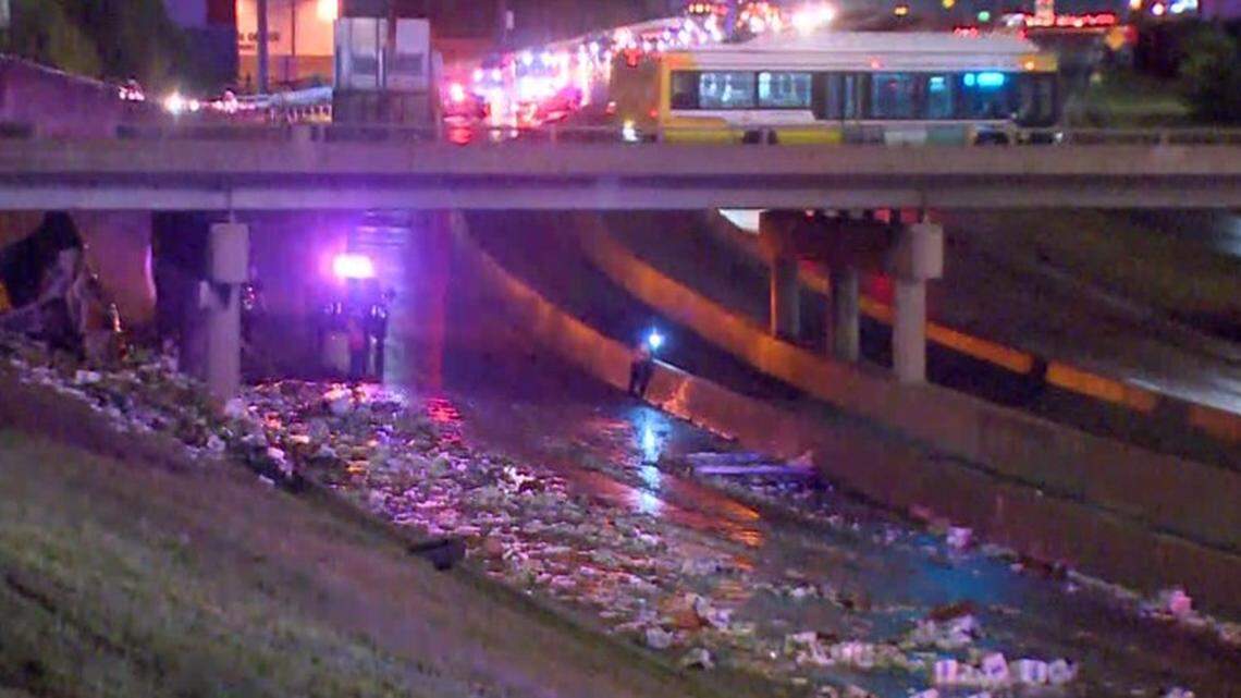 An 18-wheeler crashed and spilled thousands of pounds of eggs in Dallas on Monday morning, shutting down westbound Interstate 30 near downtown during rush hour.