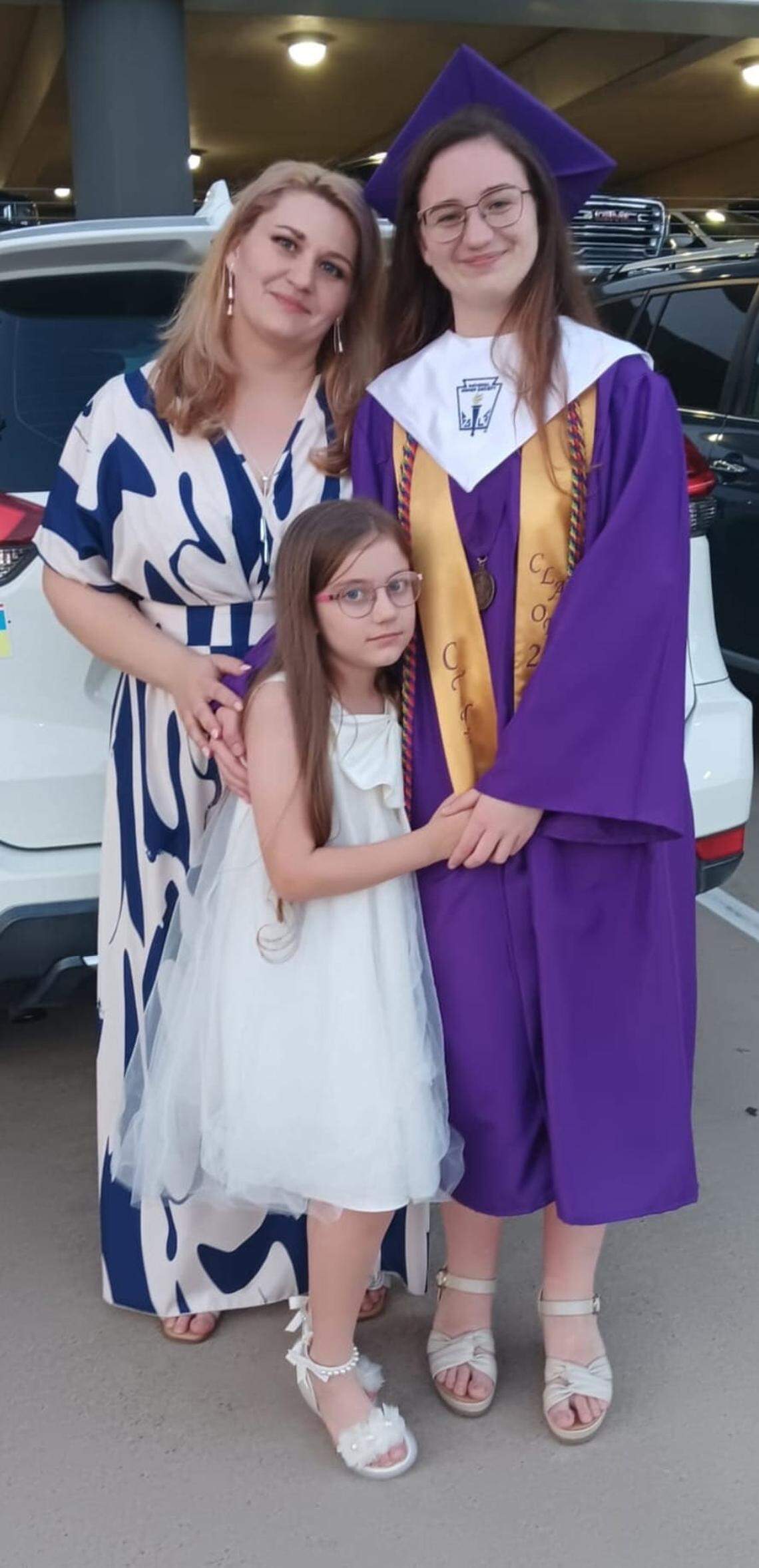 Lera Lytvynenko graduated with honors from Chisholm Trail High School in May 2025. Alina Lytvynenko (top left), Lera Lytvynenko (top right) and Liza Novosolova (bottom).