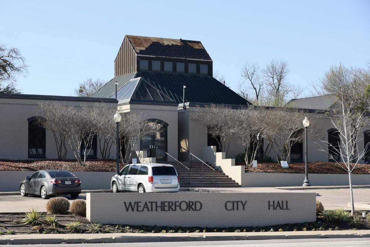 The Weatherford City Hall roof was damaged in Thursday’s storm.