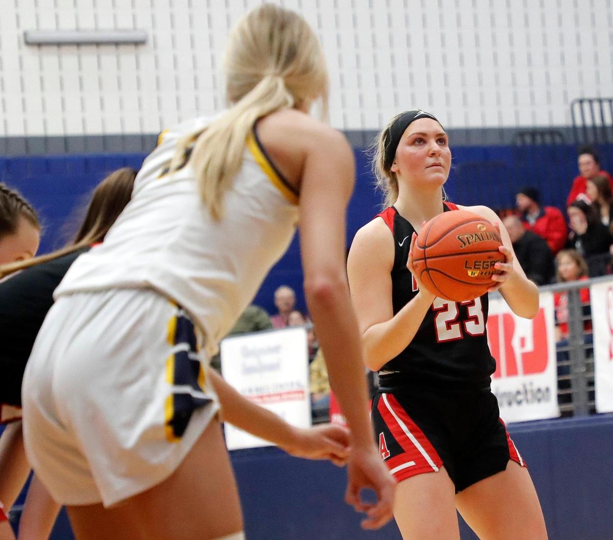Argyle’s Caroline Lyles executes a free throw during a high school 4A Region 1 Area Round playoff basketball game at Weatherford High School in Weatherford, Texas, Thursday, Feb. 11, 2022. Argyle defeated Stephenville 56-41. (Special to the Star-Telegram Bob Booth)