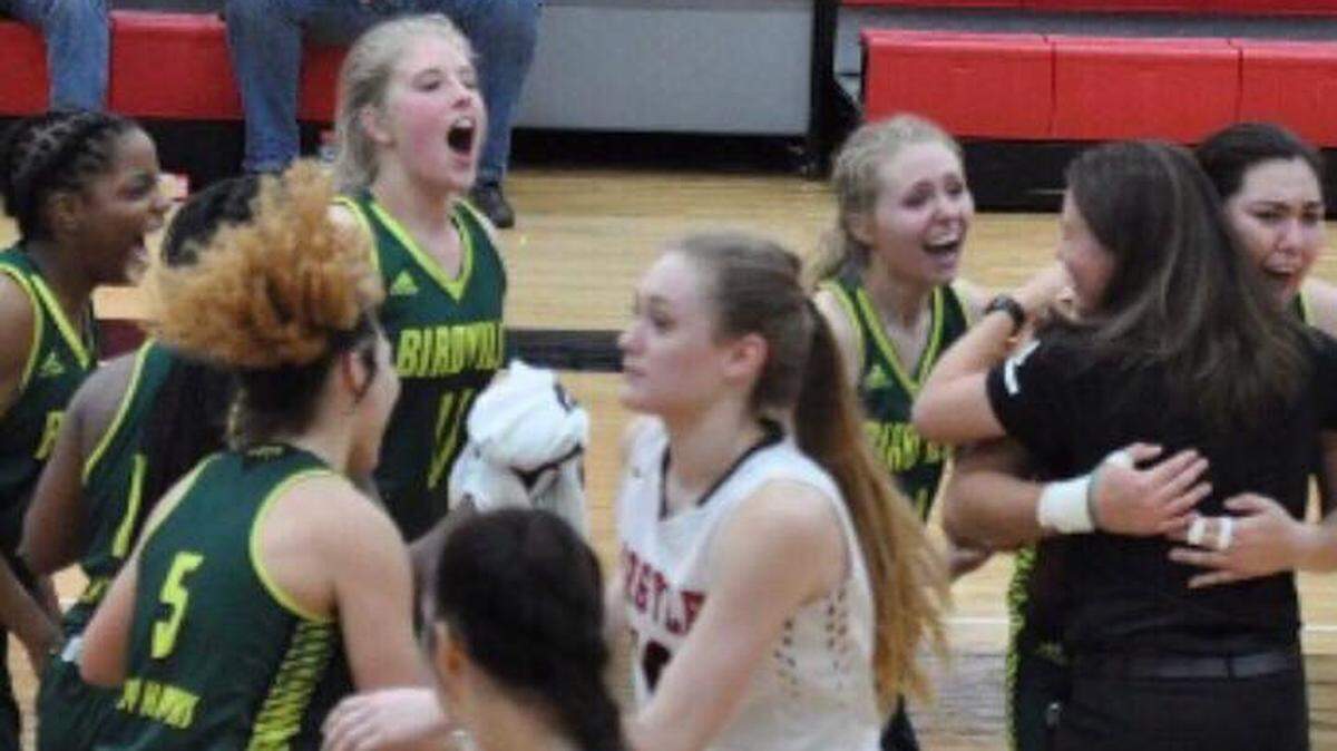Birdville celebrates a buzzer beater victory over Argyle on Tuesday, November 6, 2018.