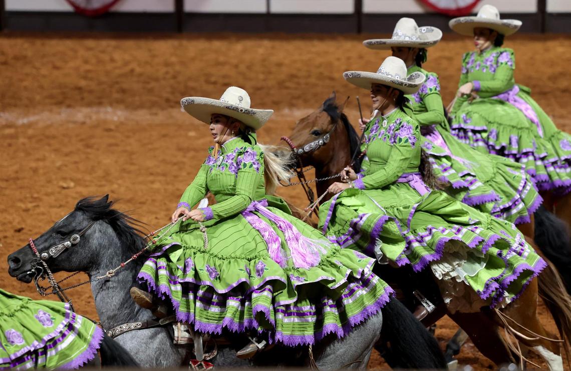 Escaramuza riding team La Victoria performs during the Cowboys of Color Rodeo at the Fort Worth Stock Show & Rodeo on Monday, Jan. 20, 2025, in Fort Worth. La Victoria was the winner of the 2024 Fort Worth Stock Show’s Escaramuza event.
